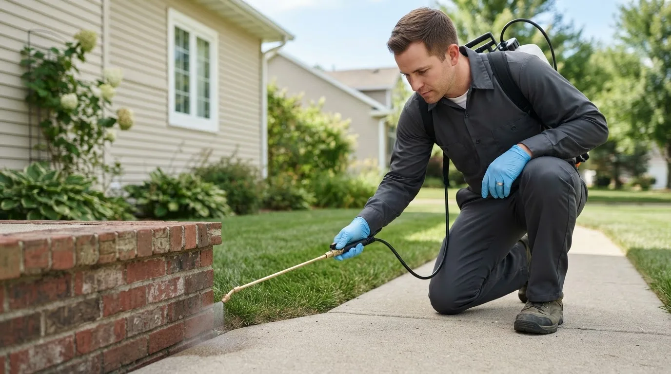Pest control technician treating a home near Melrose, OH